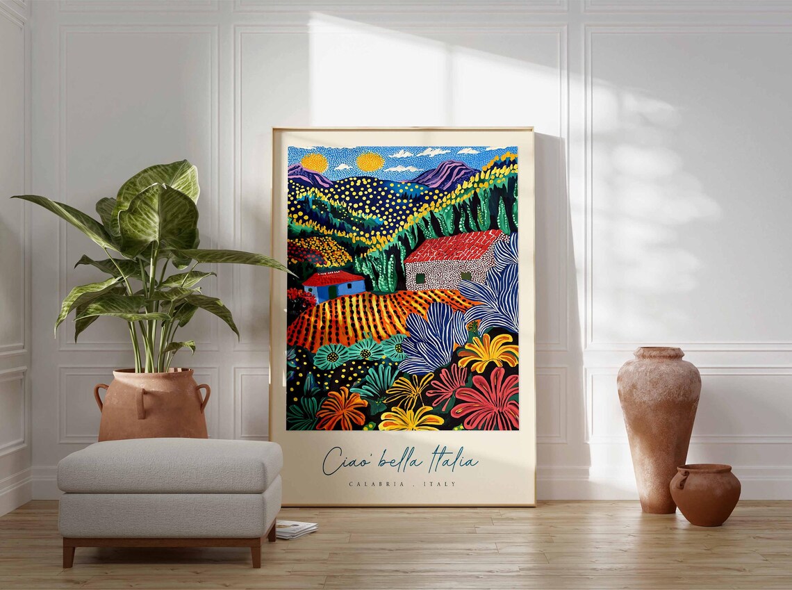 Ciao Bella Italia Calabria Italy Pointillist Countryside Poster - Image 3