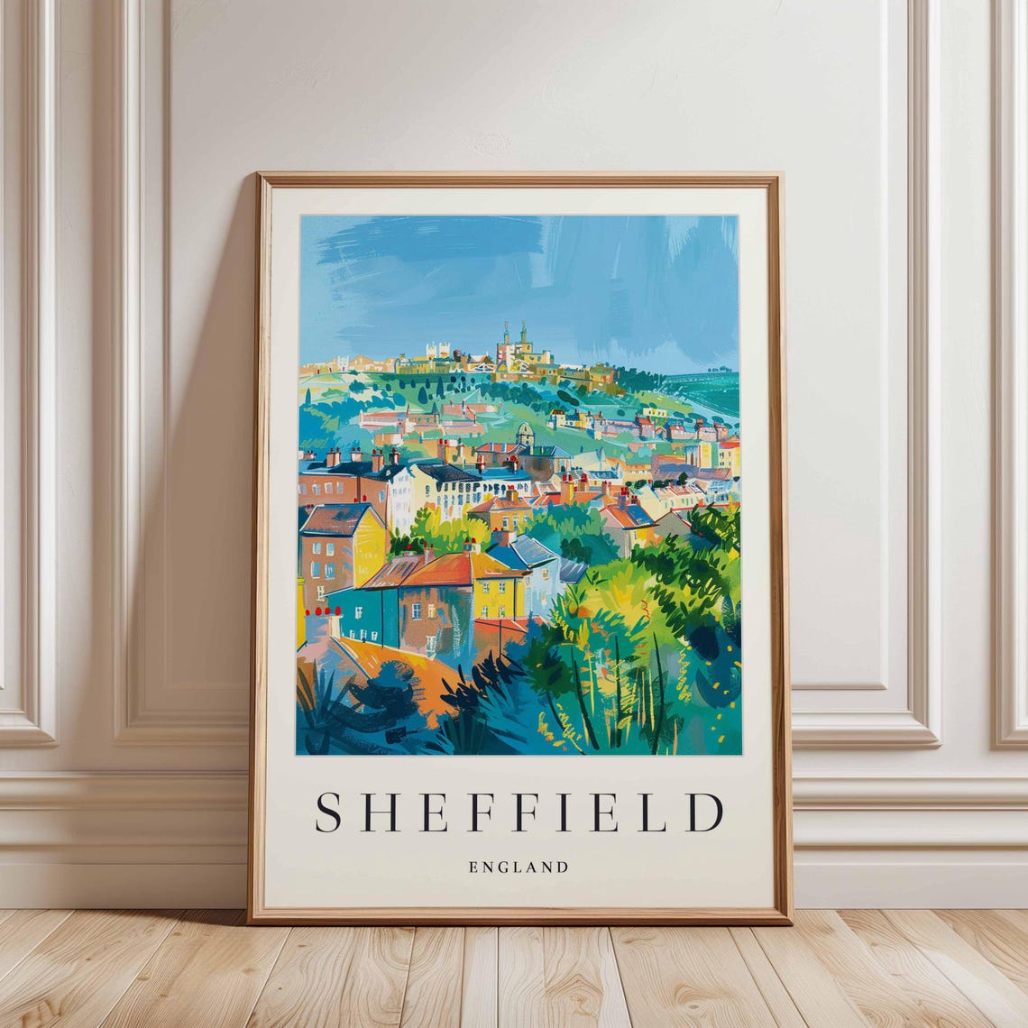 Sheffield England Winding Lane Through Blue Houses and Flowers Poster - Image 3
