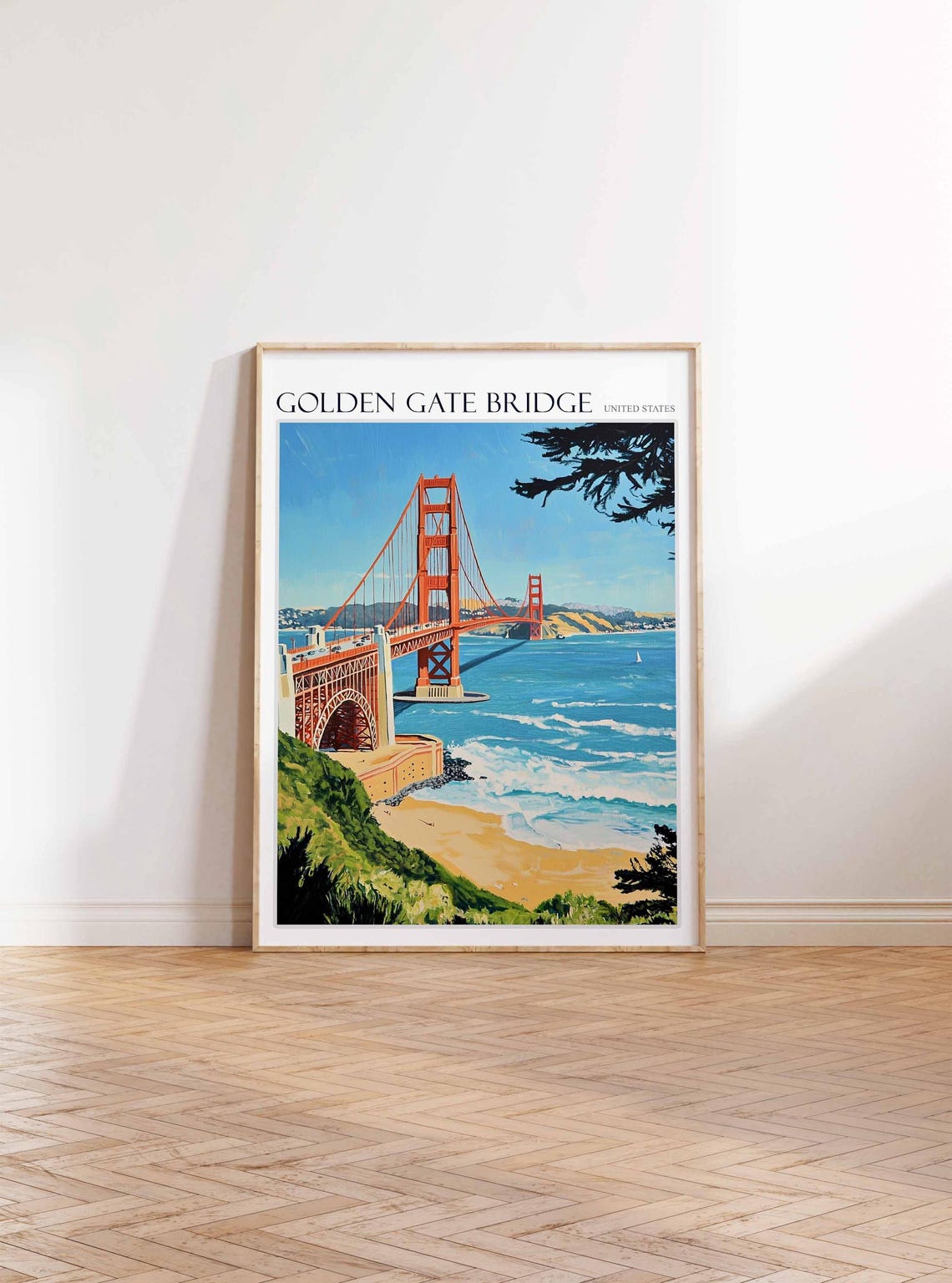 Golden Gate Bridge Beach Cliffs Pine Trees Coastal Art Poster - Image 3