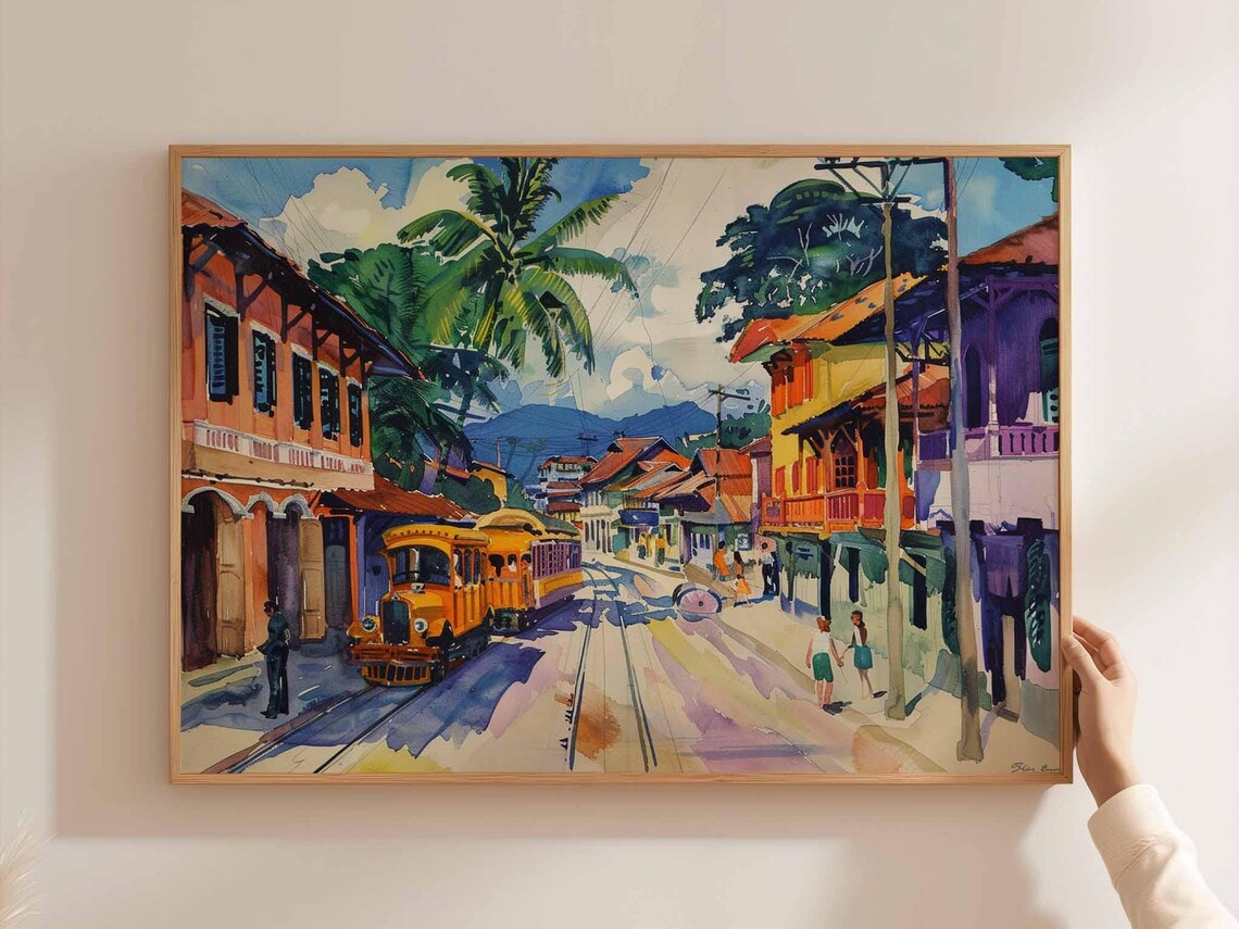 Cebu Street Yellow Tram Colonial Buildings Watercolor Art Poster