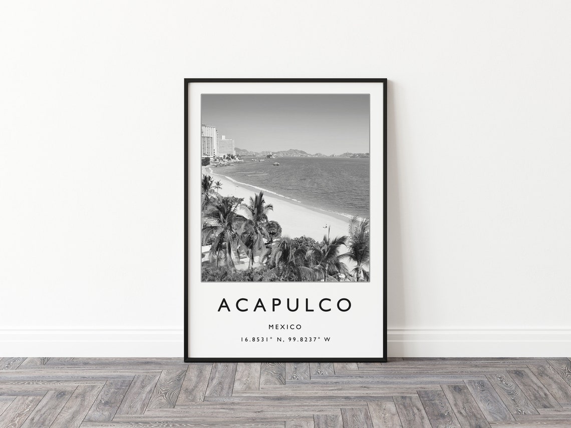 Acapulco Mexico Black and White Beach Palms Bay Photo Poster - Image 2