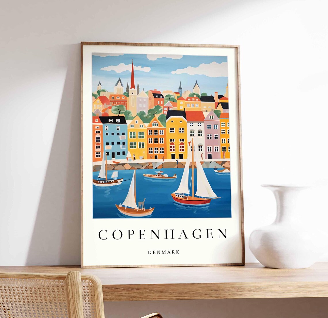 Copenhagen Nyhavn Harbor Sailboats Colorful Waterfront Travel Poster