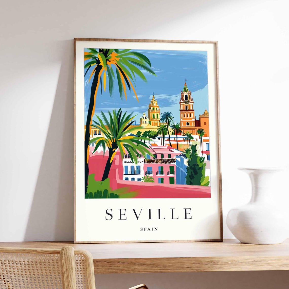 Seville Spain Cathedral Palm Trees Colorful Painterly Art Poster