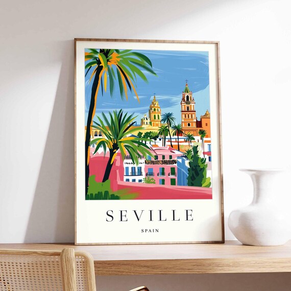Seville Spain Cathedral Palm Trees Colorful Painterly Art Poster
