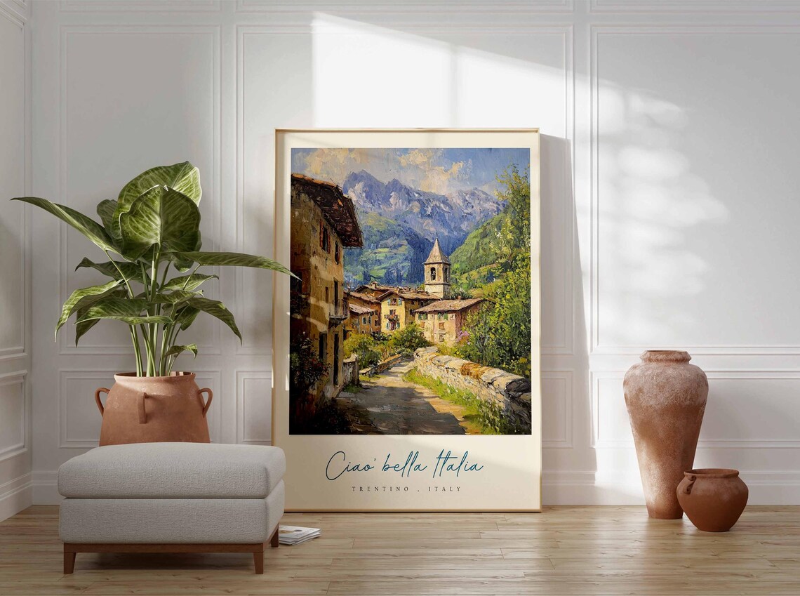 Trentino Italy Mountain Village Street Painting Bell Tower Poster - Image 3