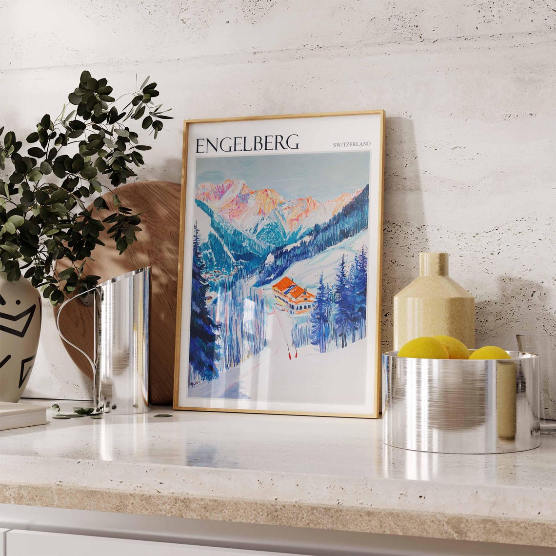 Engelberg Switzerland Sunset Alpenglow Peak and Orange Chalet Poster - Image 2