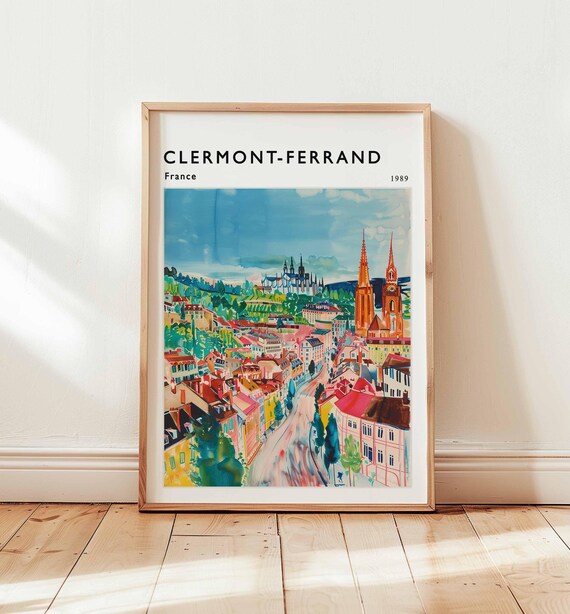 Clermont-Ferrand France 1989 Colorful Hillside Town Watercolor Poster
