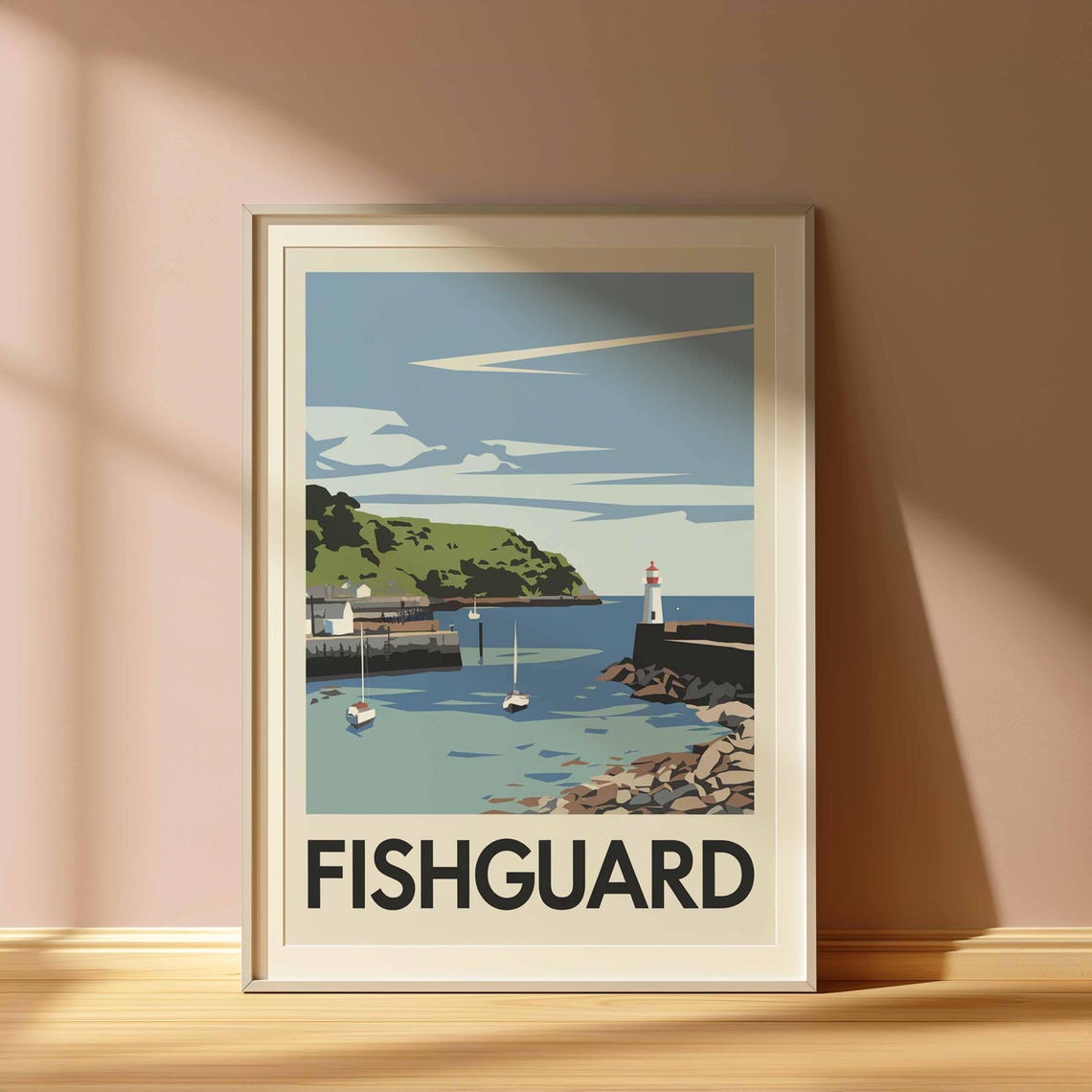 Fishguard Harbour Sailboats and Lighthouse Minimal Travel Poster - Image 3
