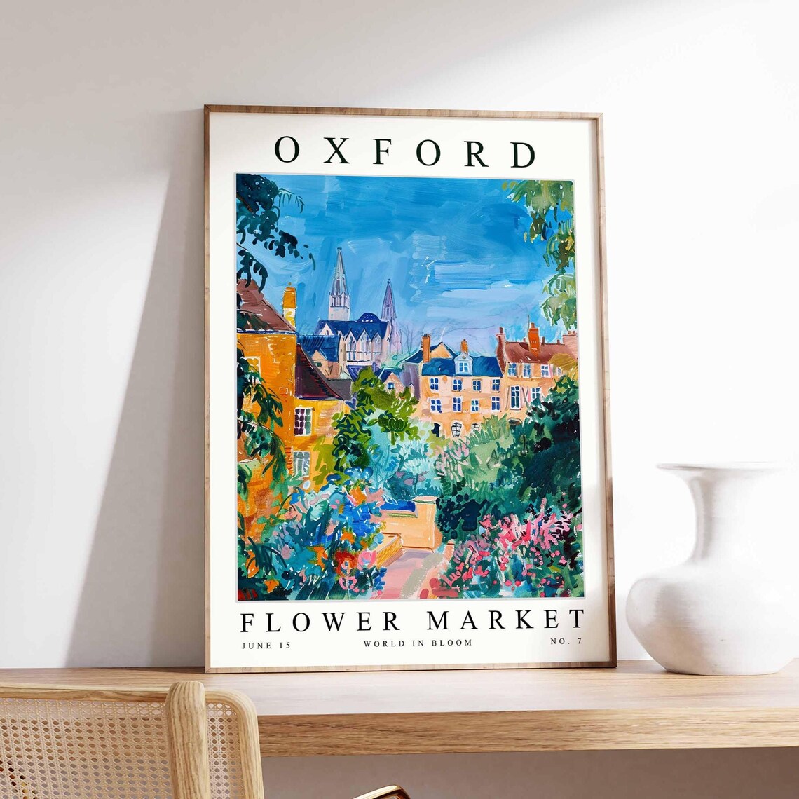 Oxford Flower Market Spires Row Houses Lush Garden View Poster
