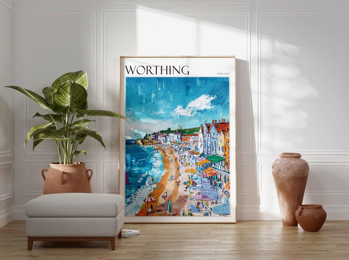 Worthing England Busy Beachfront Promenade Summer Painting Poster - Image 2