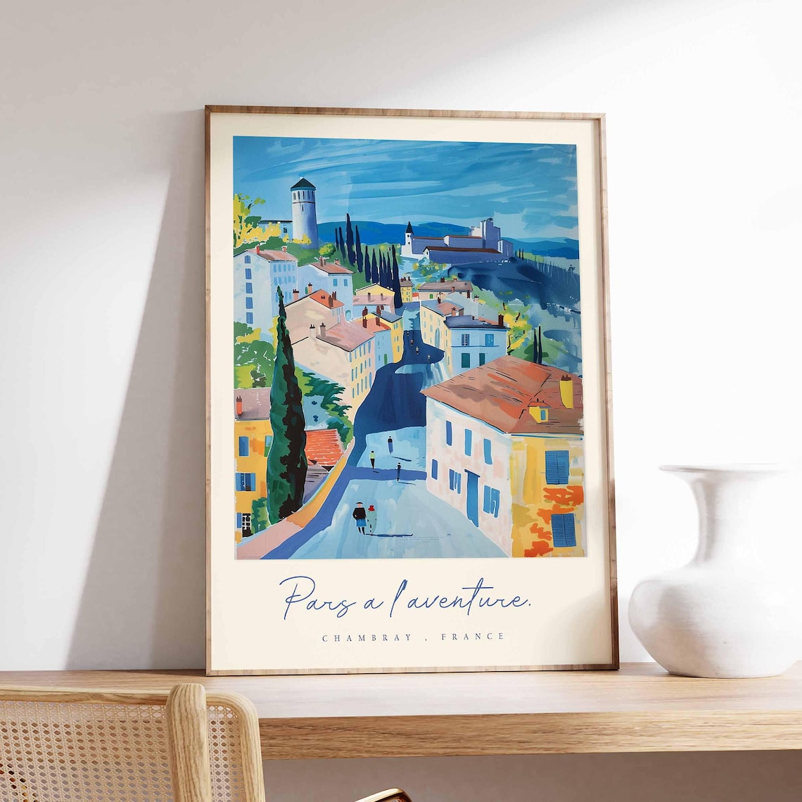 Chambray France Travel Poster With Towering Cypress And Village Street Scene
