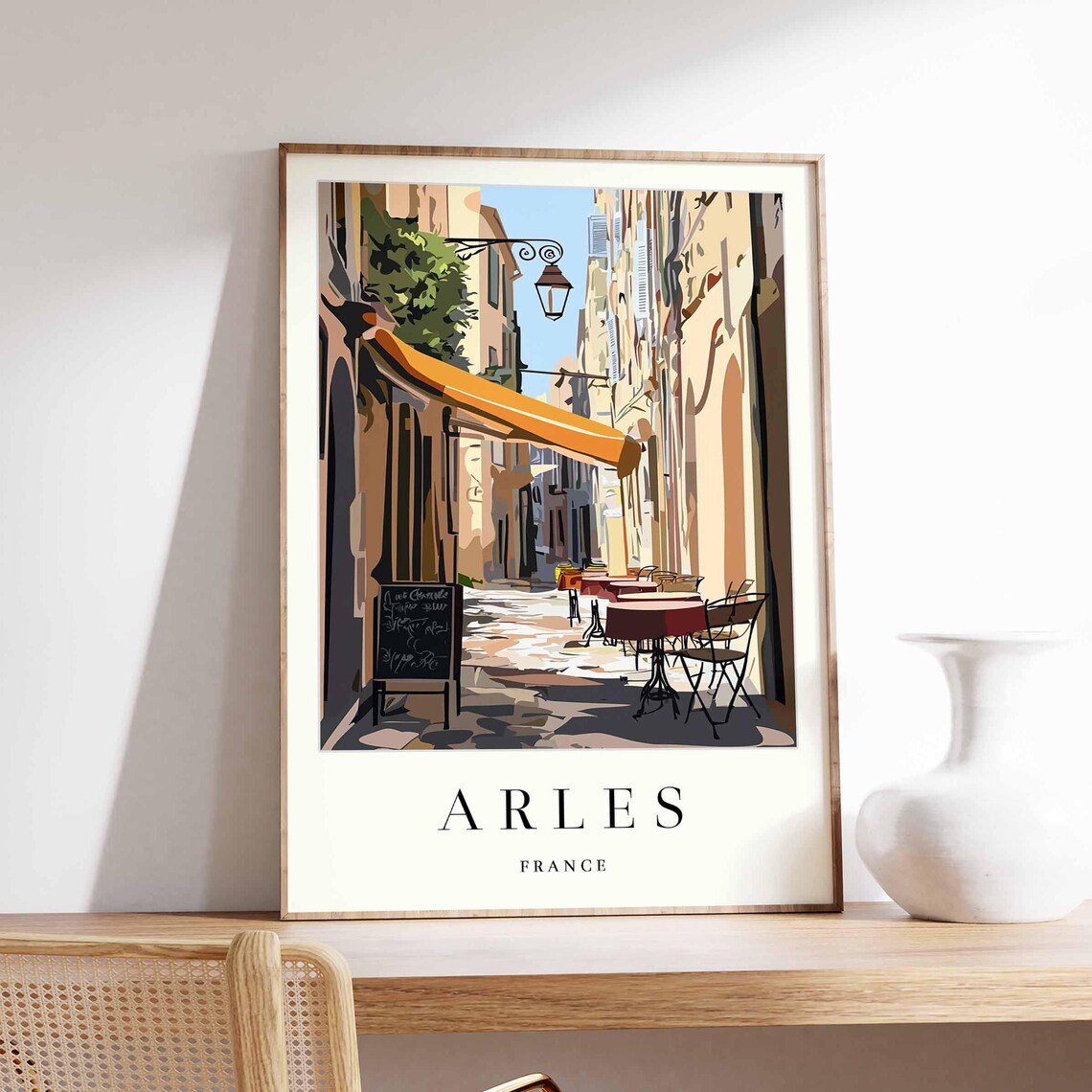 Arles France Sunlit Cafe Street Orange Awning Vintage Travel Poster