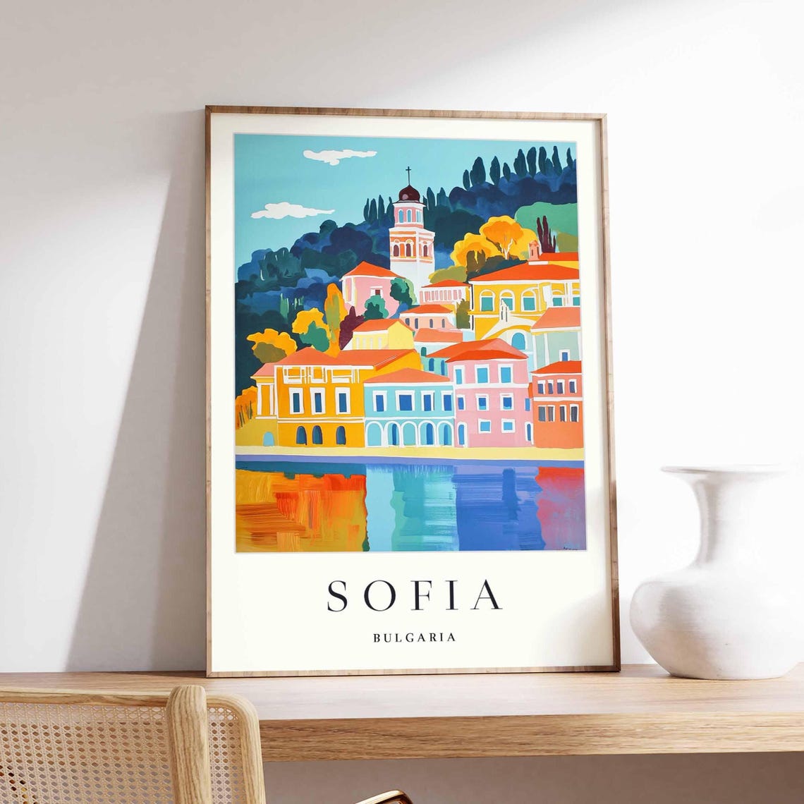 Sofia Bulgaria Waterfront Church Tower Reflection Colorful Poster