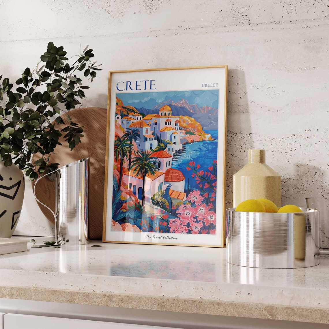 Crete Greece Colorful Village Palms Church Domes Travel Poster - Image 2