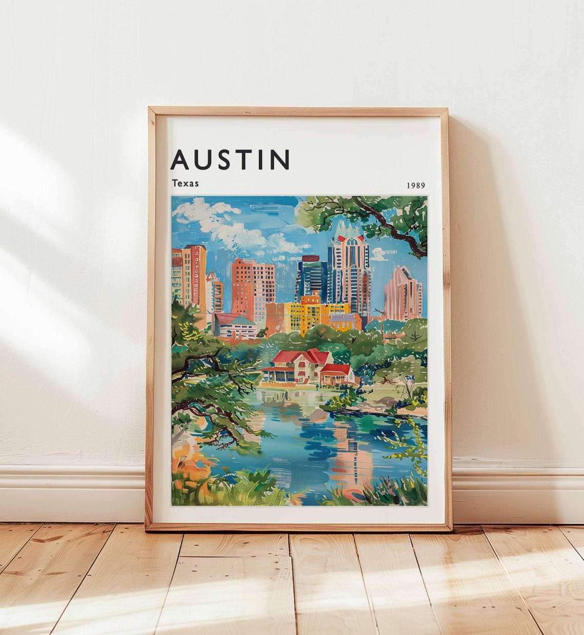 Austin Texas 1989 Lake Boathouse Skyline Retro Watercolor Art Poster