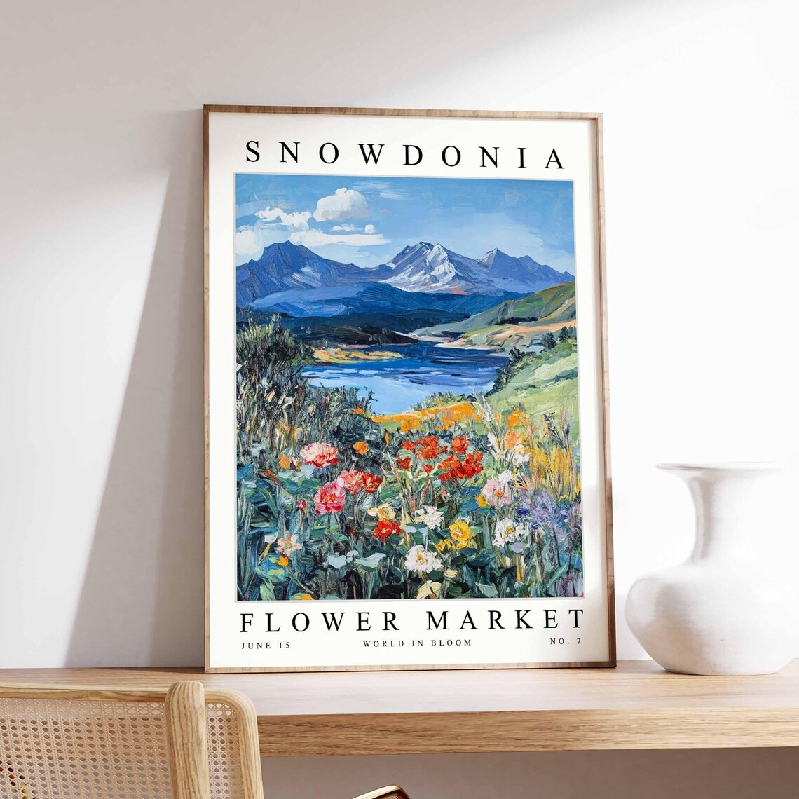 Snowdonia Flower Market Mountain Lake Red White Wildflower Poster