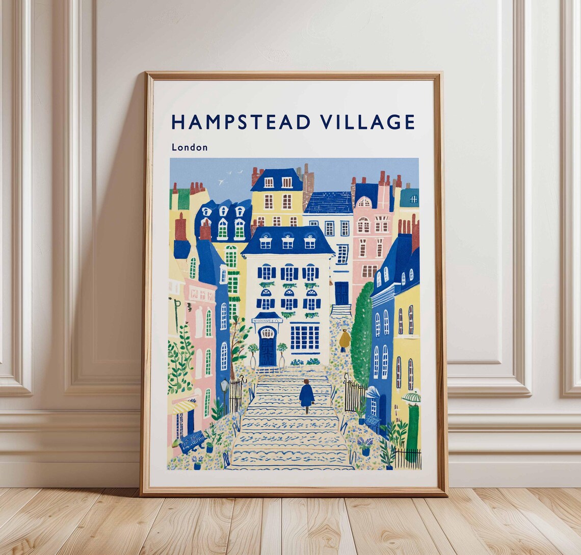 Hampstead Village London Stepped Street Colorful Houses Travel Poster
