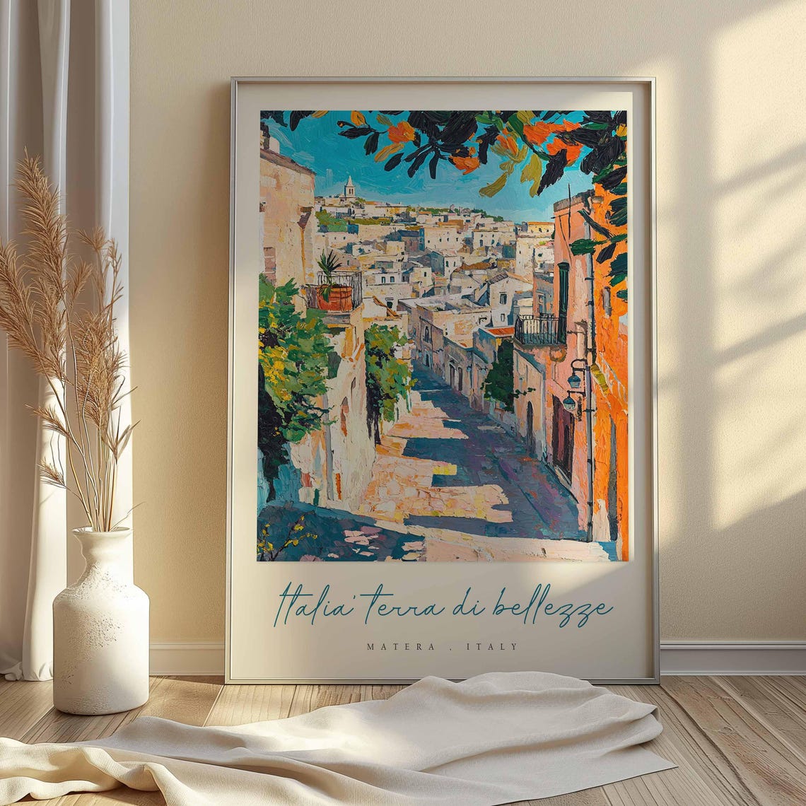 Matera Italy Expressionist Old Street Orange Foliage Art Poster - Image 2