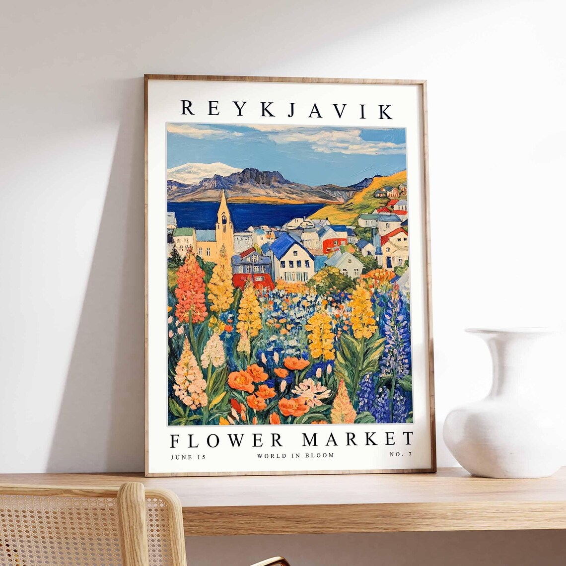 Reykjavik Bay Tall Lupines Church Spire Mountain Travel Poster