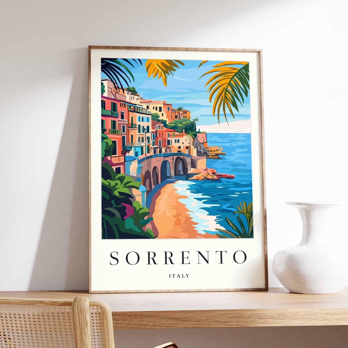 Sorrento Italy Coastal Town Beach Arches Palm Trees Travel Poster