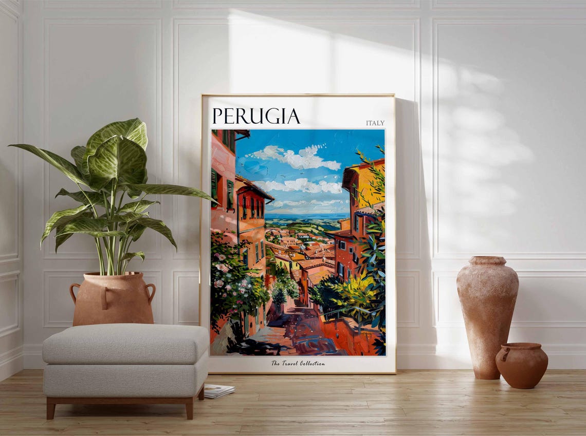 Perugia Italy Sunlit Street Descending Valley View Travel Poster - Image 2