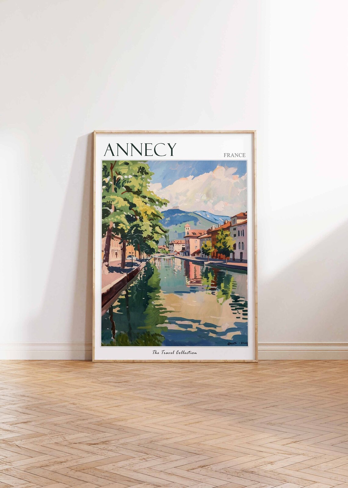 Annecy France Travel Poster Canal Trees Mountain Watercolor Painting - Image 2