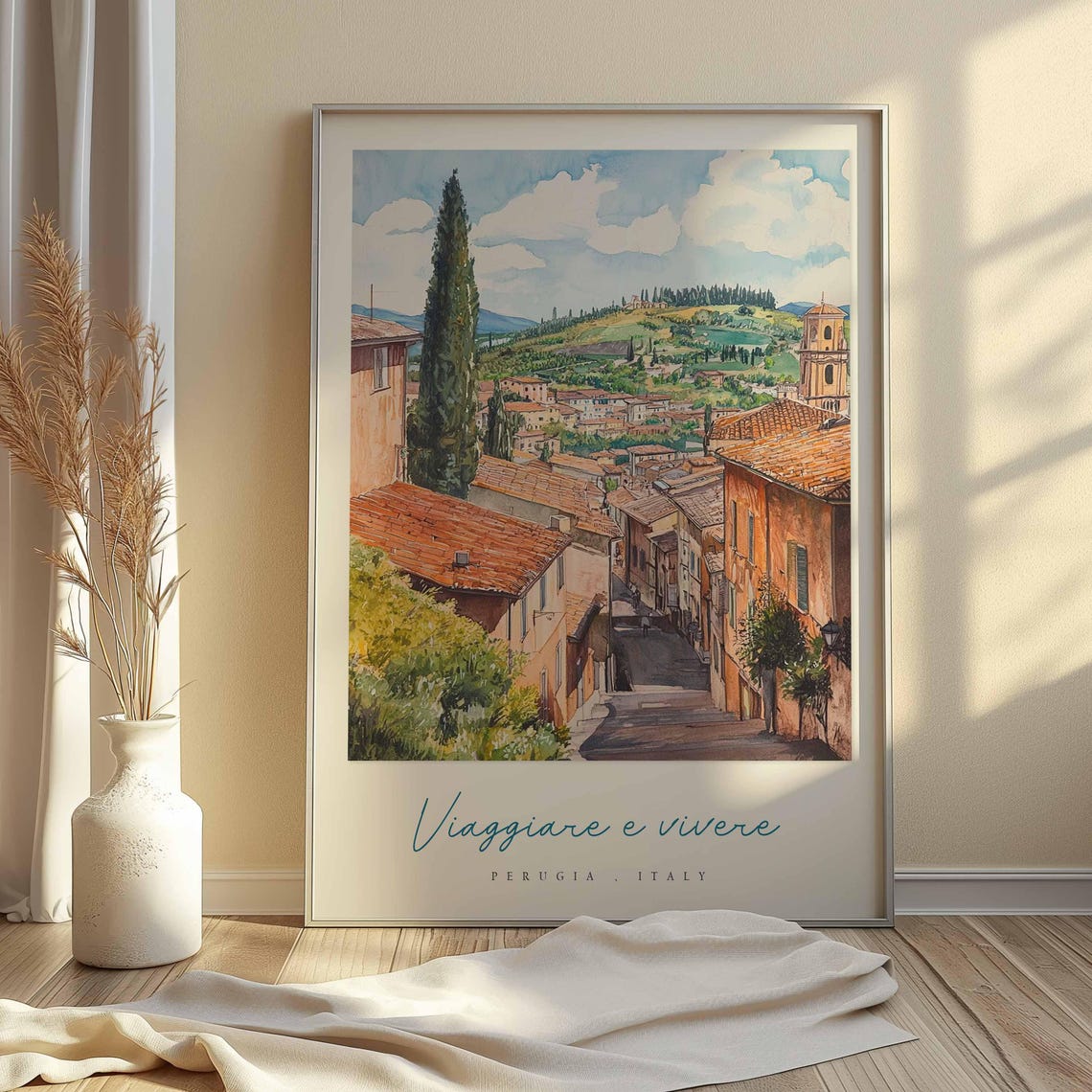 Perugia Hill Town Cypress Bell Tower Watercolor Italy Travel Poster - Image 2