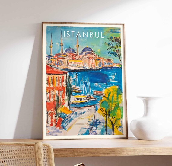 Istanbul Turkey Bold Brushwork Mosque Harbor Waterfront Travel Poster