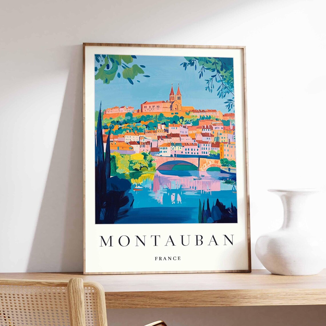 Montauban France Riverside Old Town Cathedral Vintage Travel Poster
