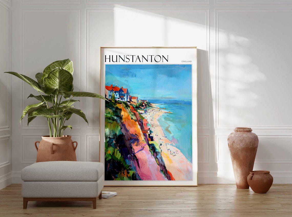 Hunstanton England Colourful Cliffs White Houses Beach Poster - Image 3