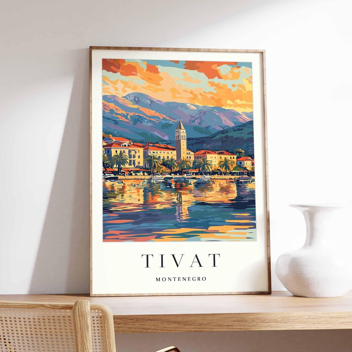 Tivat Montenegro Sunset Palm Promenade Orange Sky Church Tower Poster