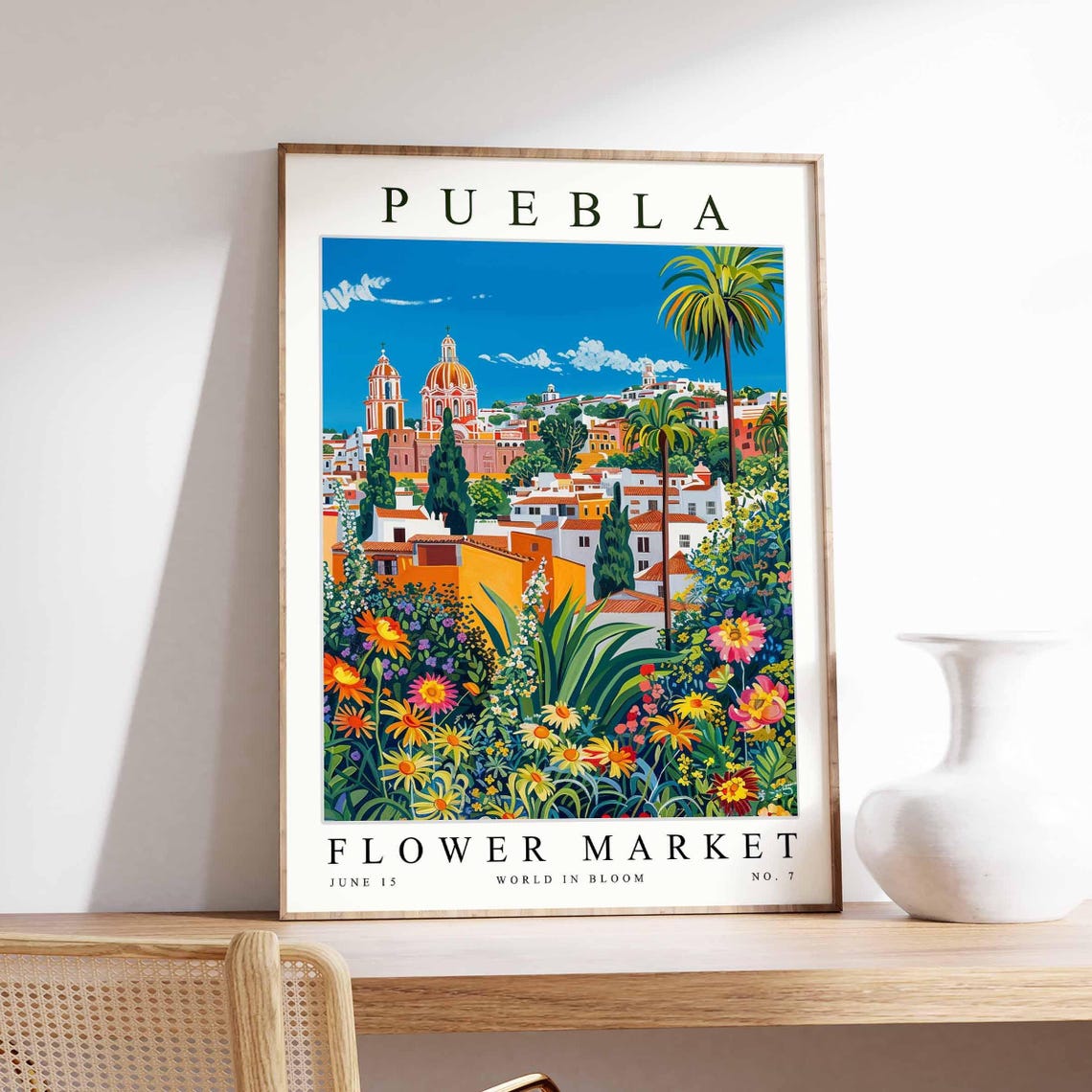 Puebla Twin Domed Cathedral Palm Daisy Garden View Travel Poster