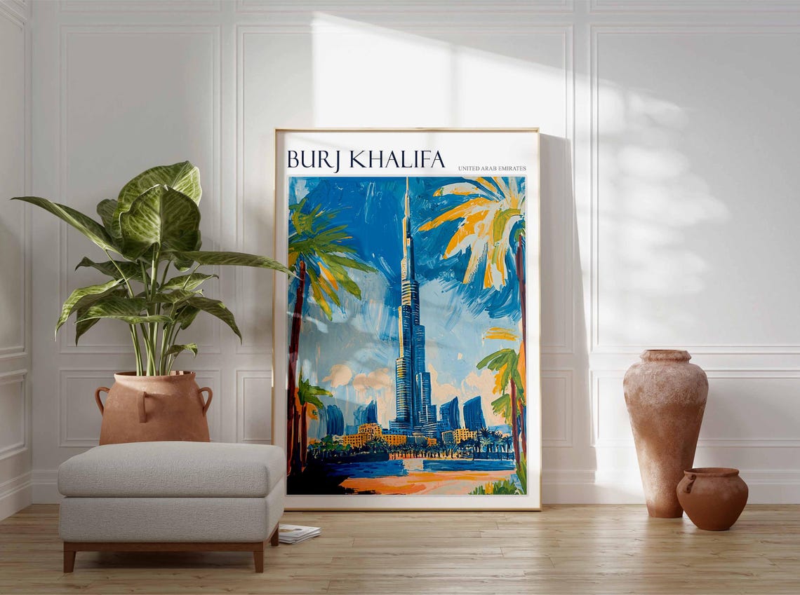 Burj Khalifa Dubai Tower Framed by Palm Trees Waterfront Poster - Image 2