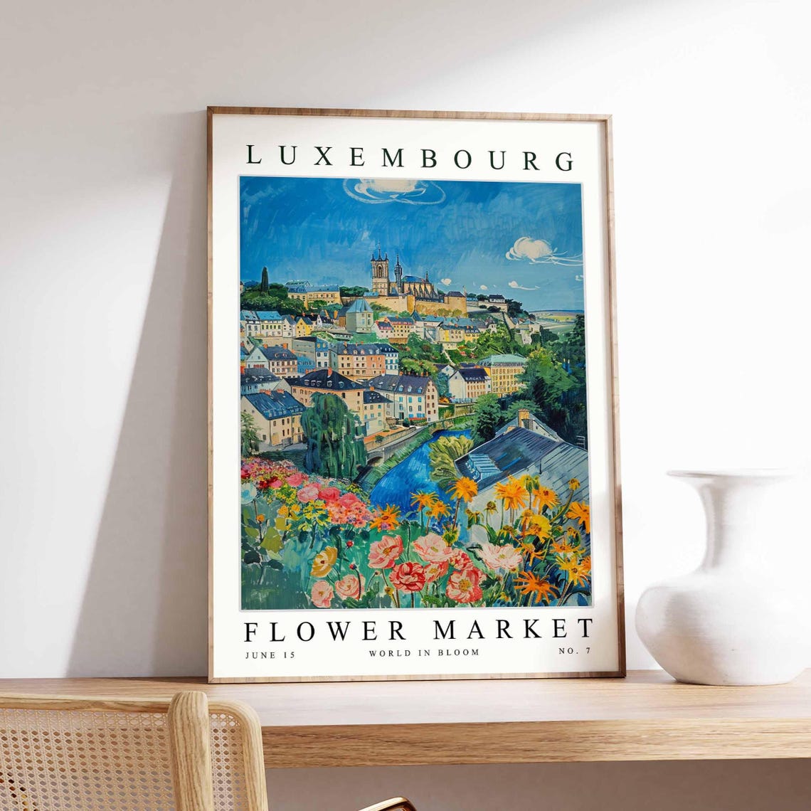 Luxembourg Flower Market Old Town Cathedral River Bloom Art Poster