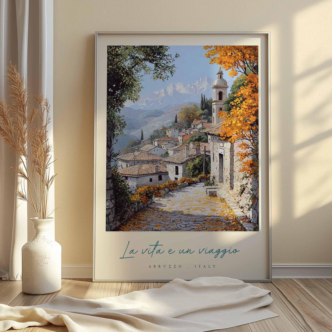 Abruzzo Autumn Cobblestone Street Bell Tower Snow Peaks Poster - Image 2