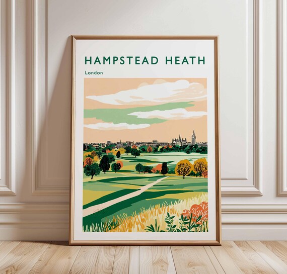Hampstead Heath London Retro Travel Poster Big Ben Skyline Green Park