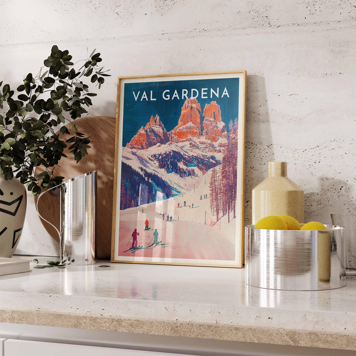 Val Gardena Italy Red Dolomite Towers Skiers Pink Slope Poster - Image 2