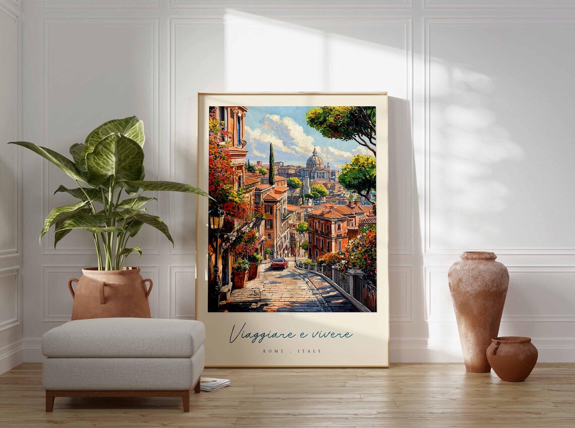 Rome Italy Cobblestone Lane Watercolor Rooftops Travel Quote Poster - Image 3