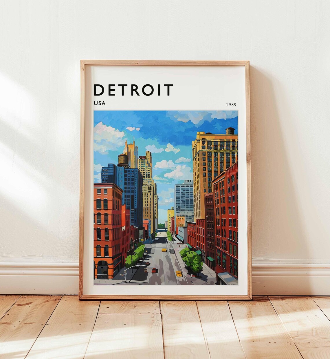 Detroit USA 1989 City Street Canyon Skyline Retro Travel Poster