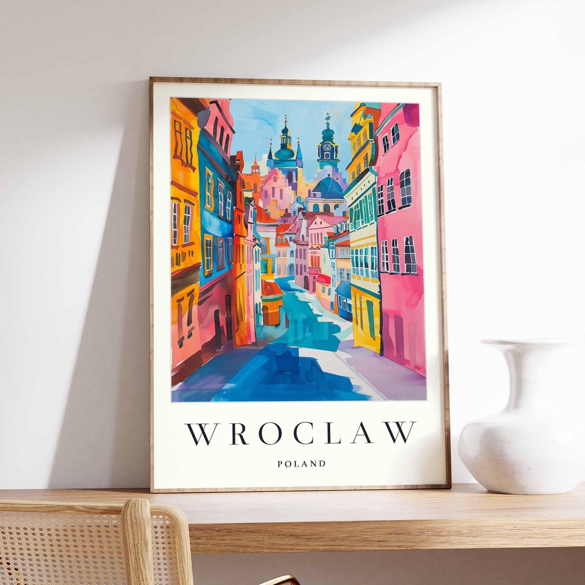 Wroclaw Poland Vibrant Old Town Street Watercolor Cityscape Poster