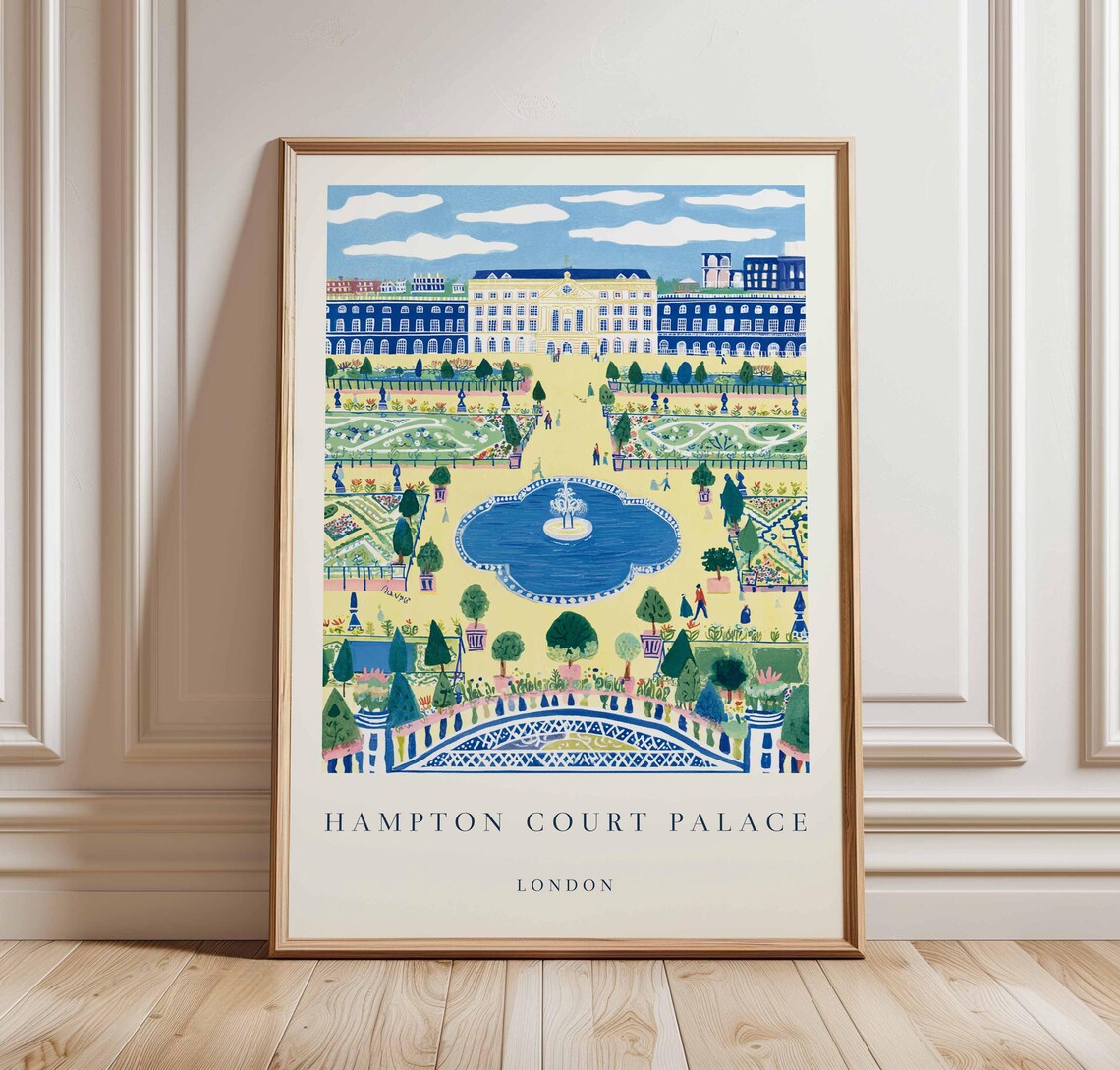 Hampton Court Palace London Blue Courtyard Vintage Travel Poster