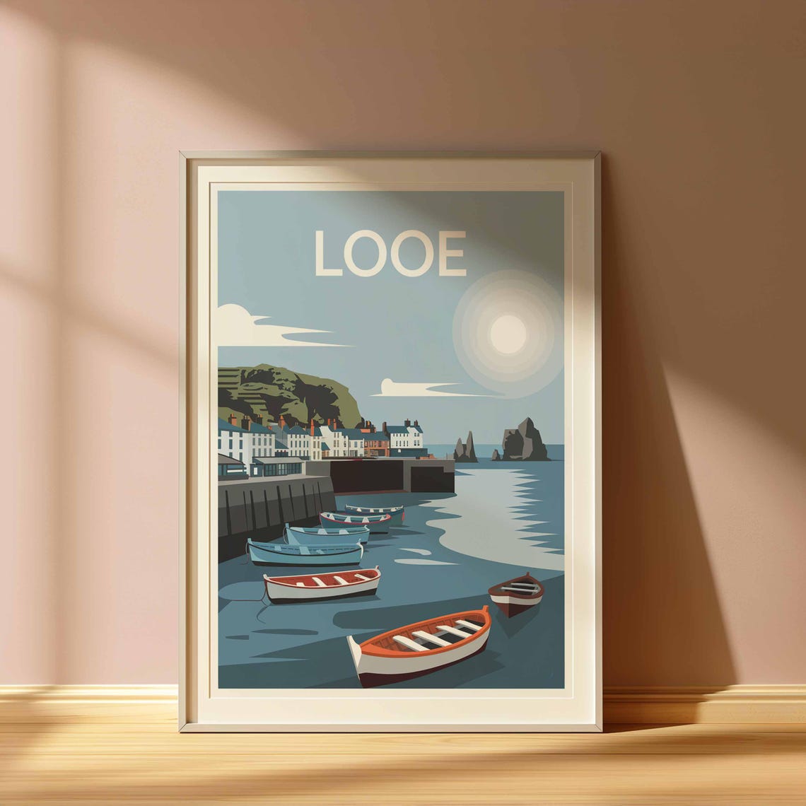 Looe England Cornwall Moonlit Harbor Stone Pier Retro Travel Poster - Image 3