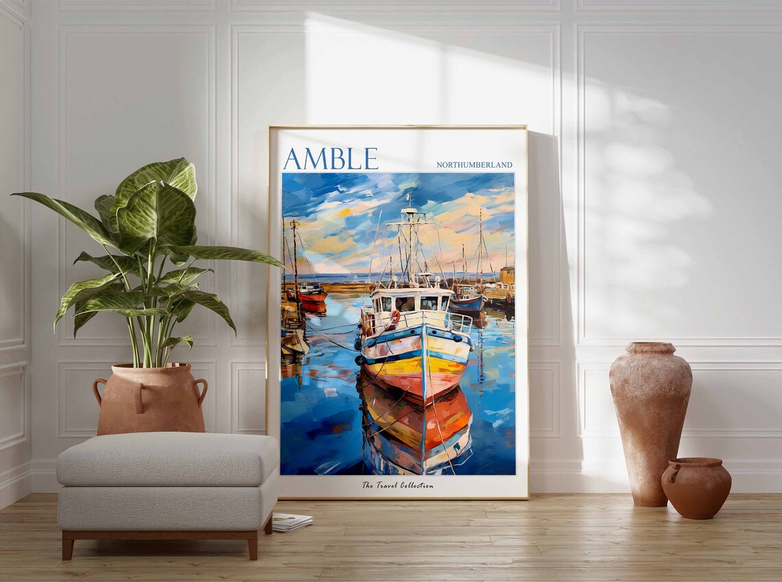 Amble Northumberland Fishing Boats Harbor Painting Travel Poster - Image 2