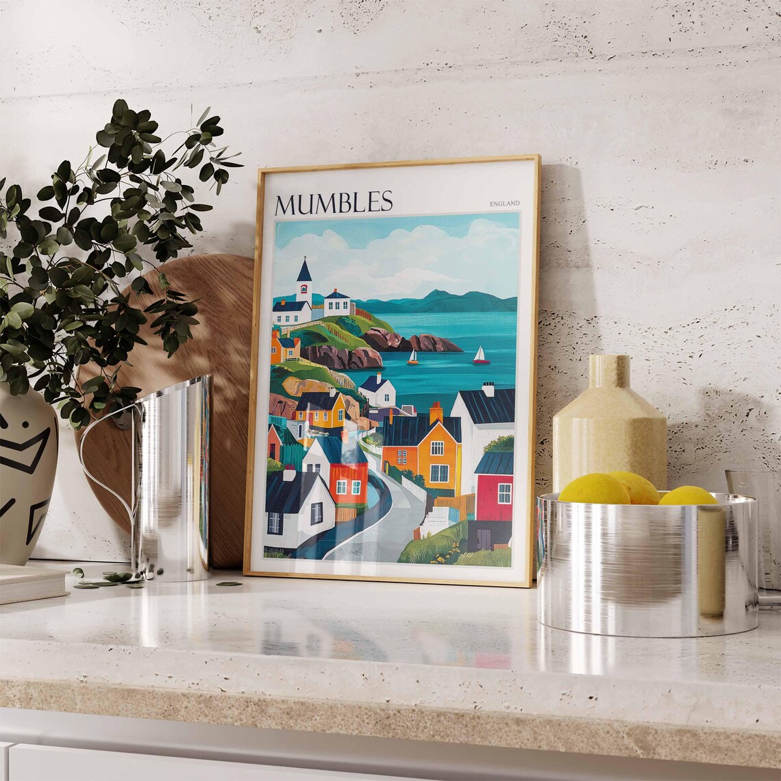 Mumbles Village Street Church Rocky Cove Sailboats England Travel Poster - Image 2