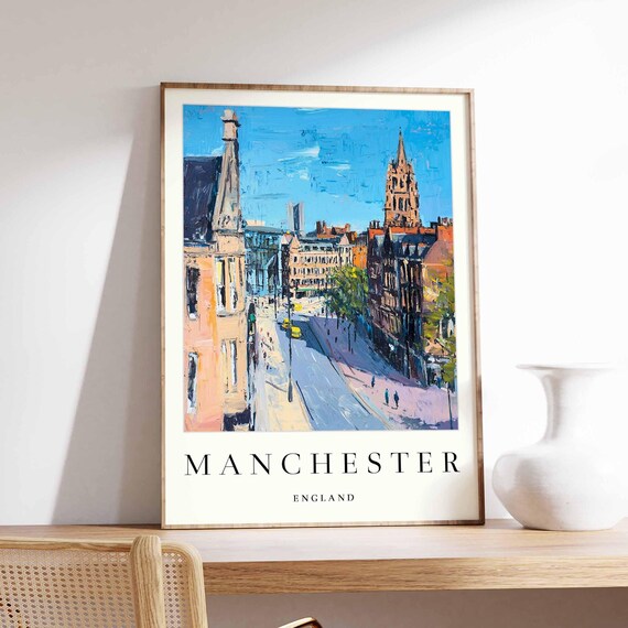 Manchester England Tower Lined Street Cityscape Blue Sky Poster