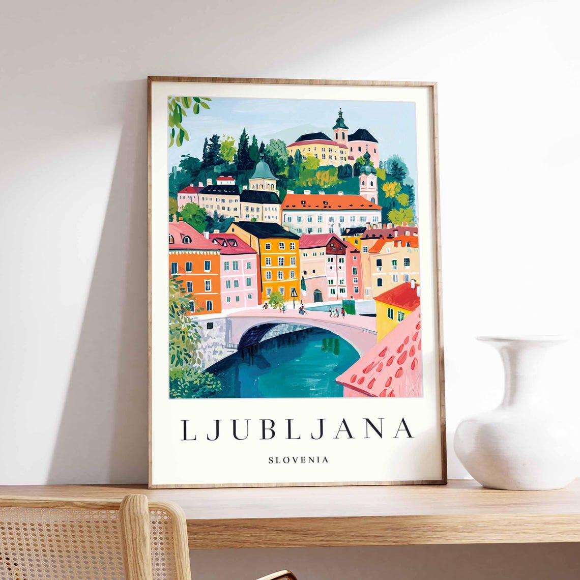 Ljubljana Slovenia Castle Hill River Bridge Pastel Art Poster