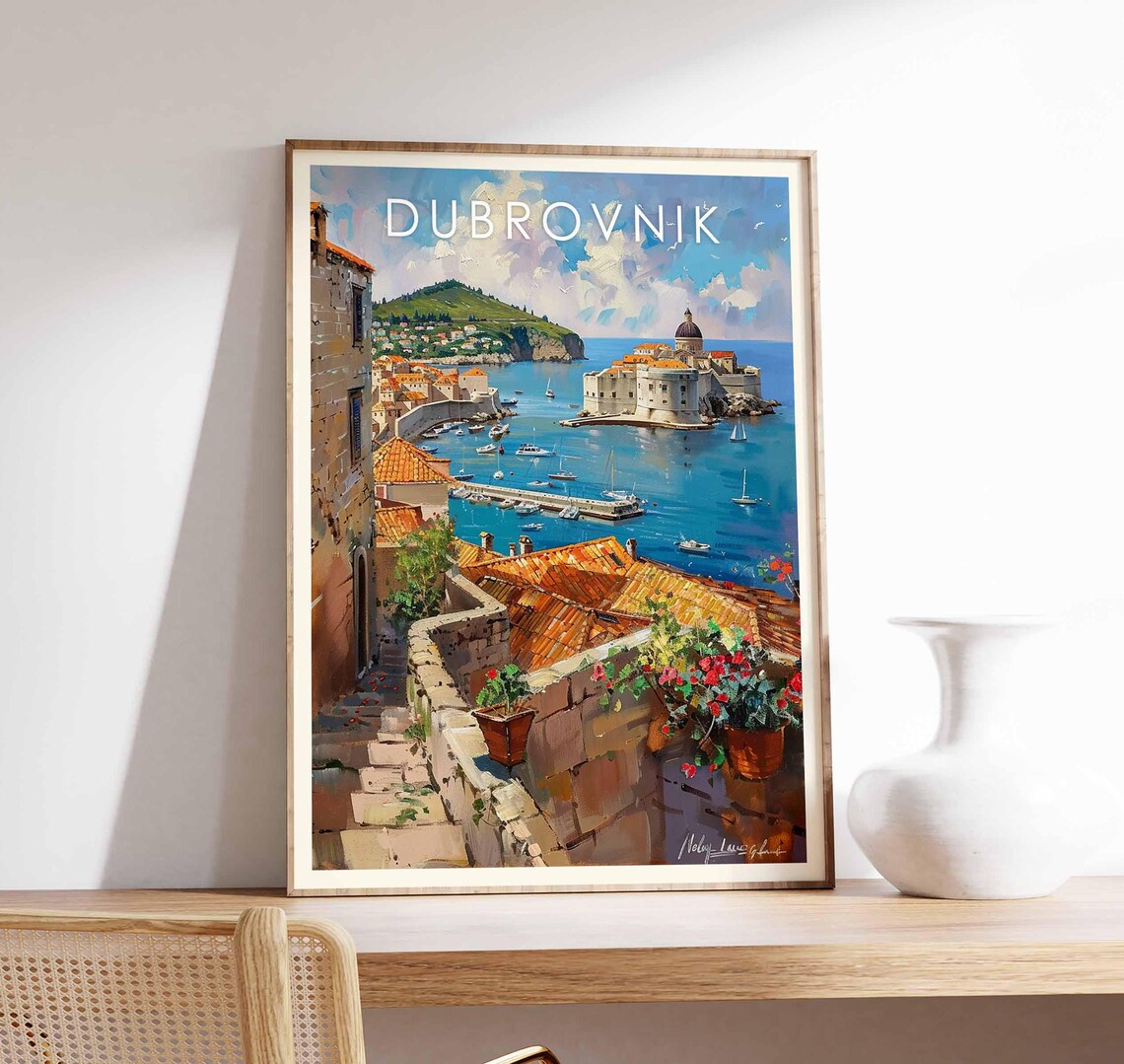 Dubrovnik Old Town Harbor City Walls Croatia Coast Scenic Art Poster