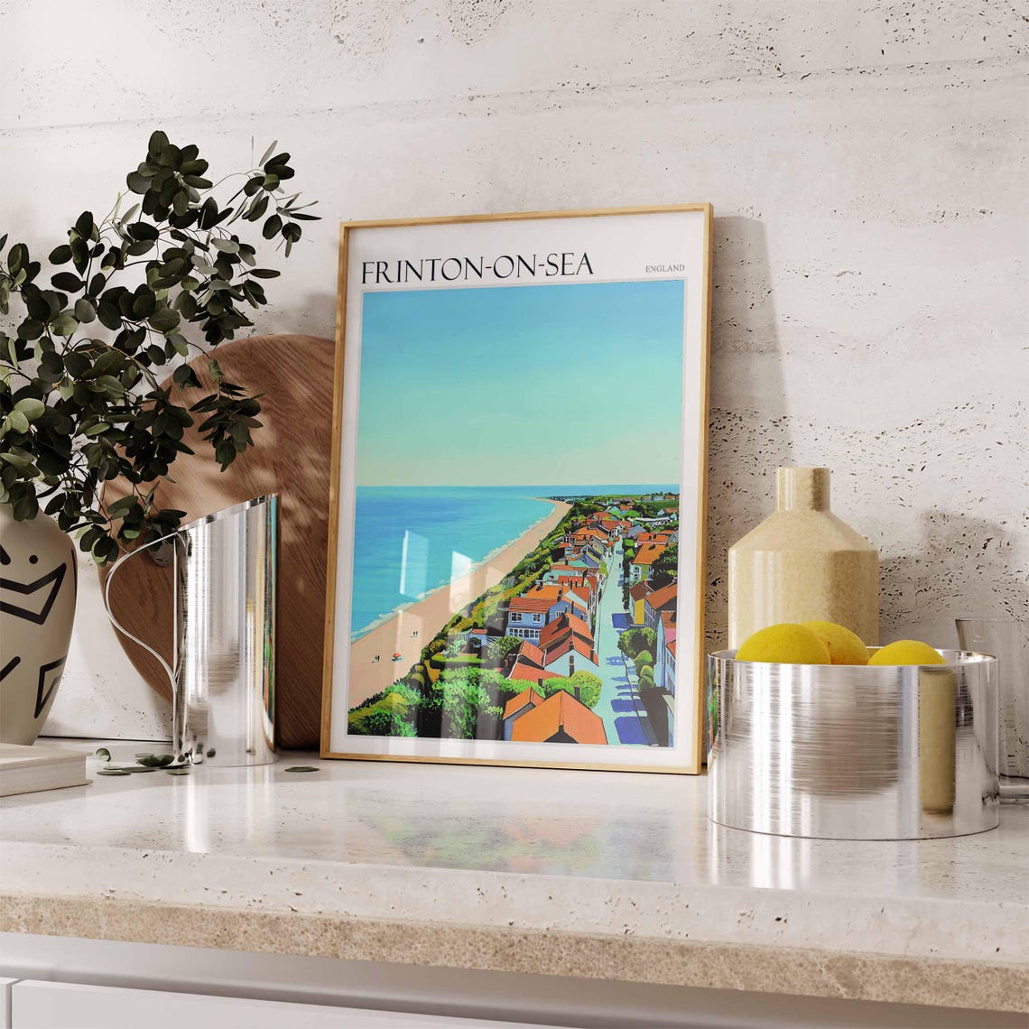 Frinton On Sea Minimal Aerial Beach Red Roofed Town Calm Summer Poster - Image 2