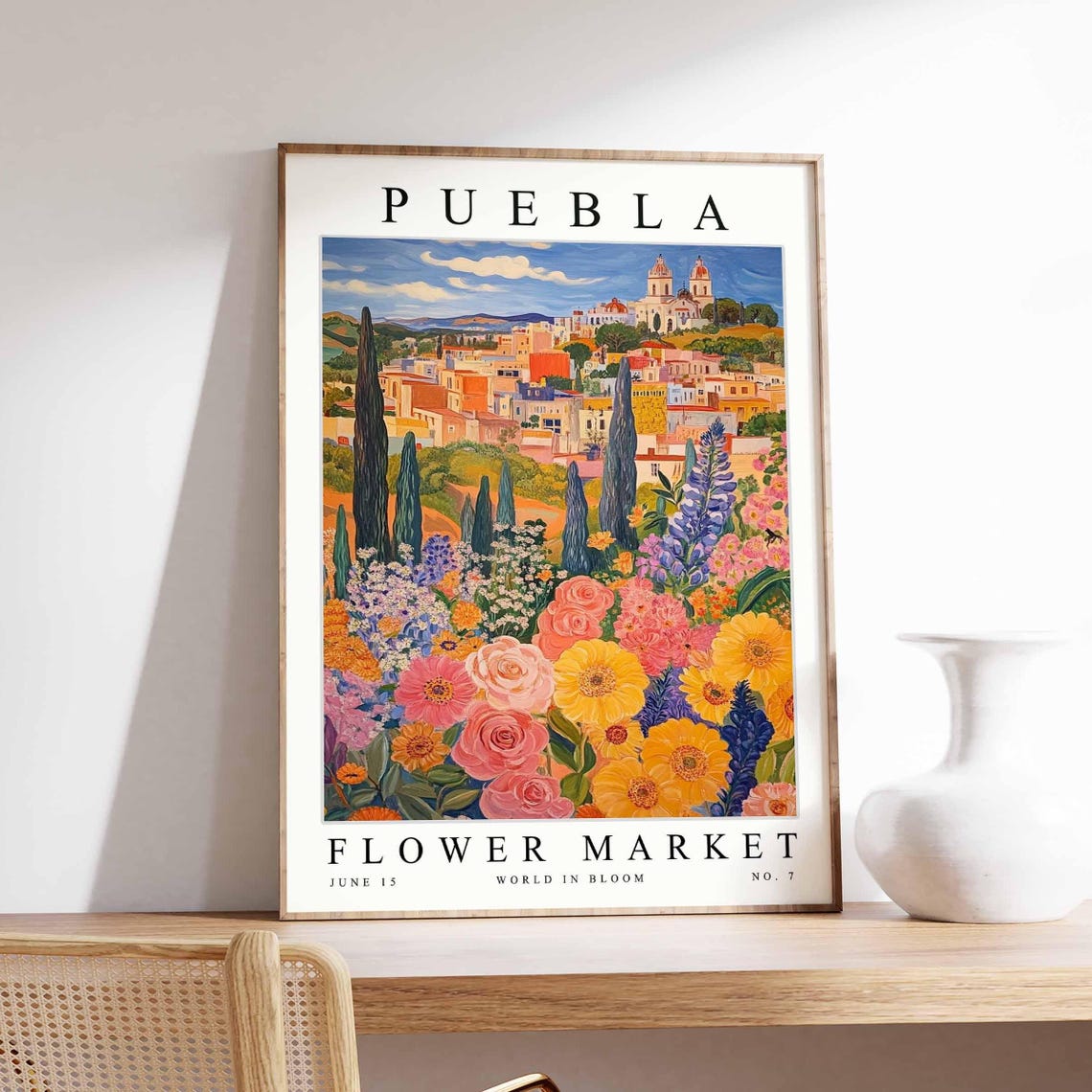 Puebla Hillside Cathedral Rose Lupine Bloom Garden Travel Poster