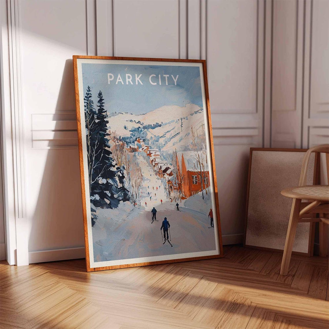 Park City Wide Run Skiers Red Lodge Blue Peaks Winter Scene Poster - Image 3